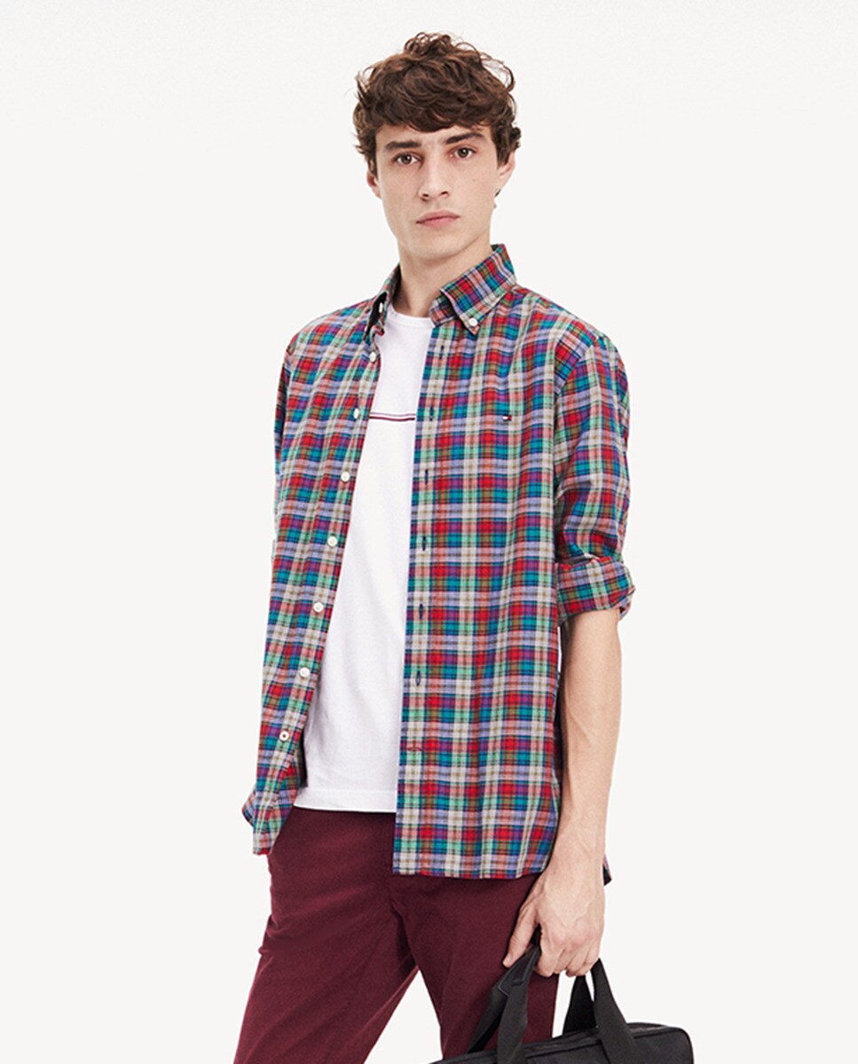 Image of Men's regular-fit multicoloured checked dobby shirt, Multicoloured.