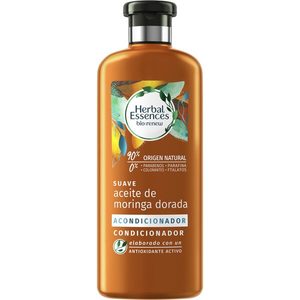HERBAL ESSENCES bio renew acondicionador suave Aceite de Moringa Dorada frasco 400 ml 0% parabenos parafina colorantes ni ftalatos