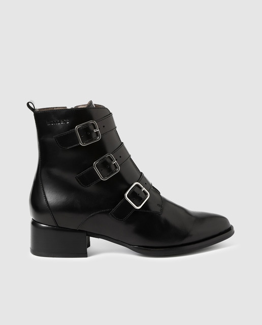 Botas de mulher Wonders pretas em pele com fivelas