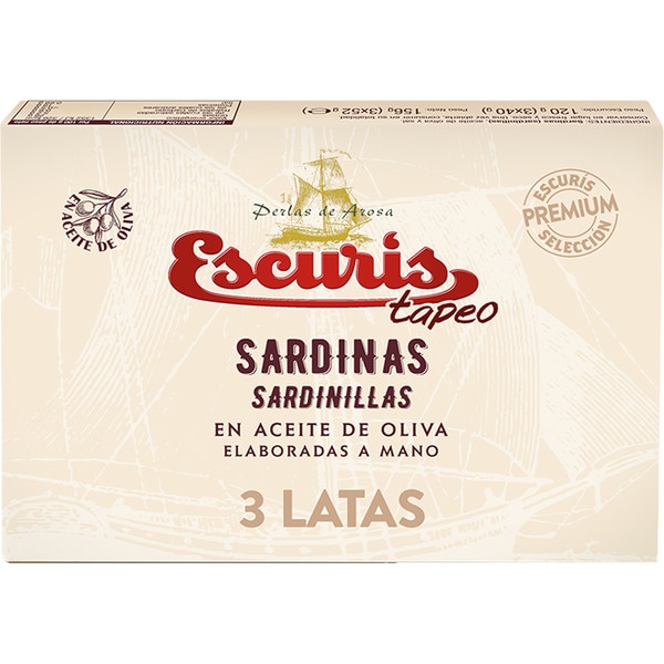 ESCURIS tapeo sardinillas en aceite de oliva elaboradas a mano pack 3 latas 35 g neto escurrido 