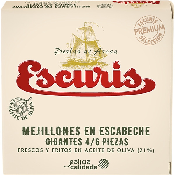 ESCURIS mejillones en escabeche gigantes frescos y fritos en aceite de oliva 4-6 piezas lata 70 g neto escurrido