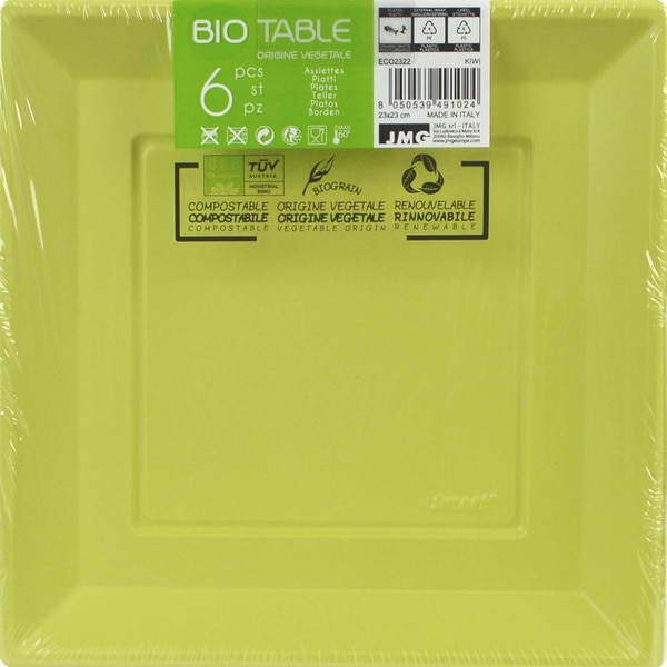BIOTABLE plato compostable de origen vegetal verde 23x23cm paquete 6 unidades
