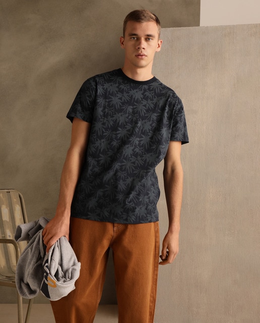 Camiseta de seda de hombre azul marino de manga corta
