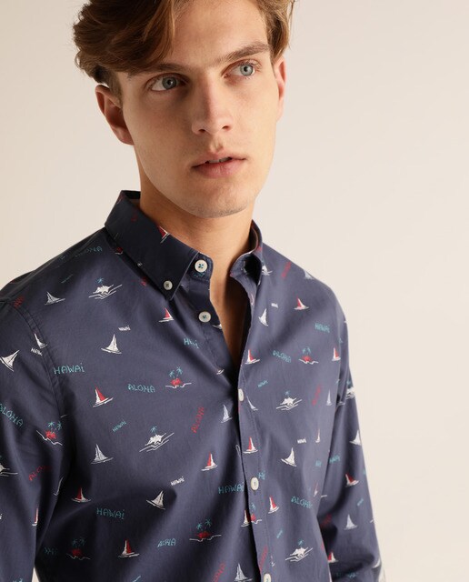 Camisa Fácil de Engomar de popelina slim estampada azul-marinho de homem