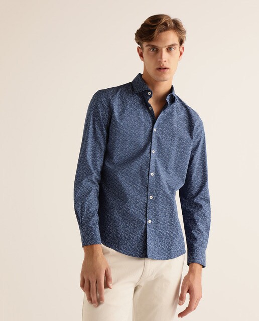 Camisa Fácil de Engomar de popelina slim estampada azul de homem