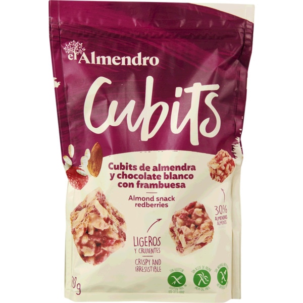 Cubits de Amêndoa e Chocolate Branco com Framboesa embalagem 100 g