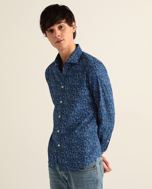 Camisa Fácil de Engomar de popelina slim estampada azul-marinho de homem