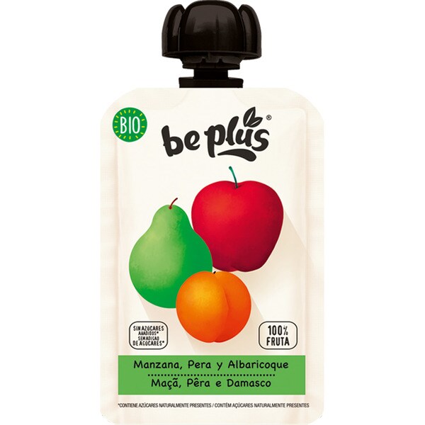 BE PLUS Bio manzana pera y albaricoque 100% fruta ecológico desde 4 meses bolsita 100 g