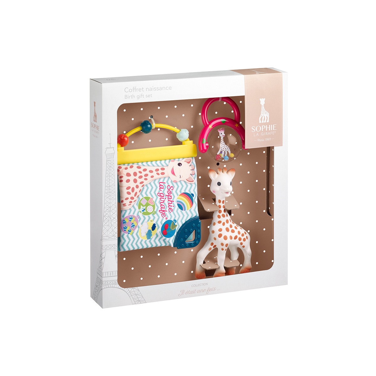 Sophie La Girafe® – Pack de Regalo Sophie La Girafe Mordedor Sophie La Girafe + Libro + Sonajero beige.