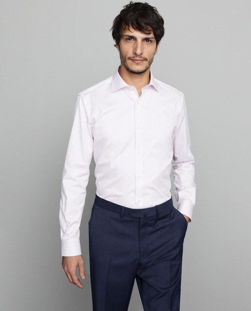Camisa Fácil de Engomar regular às riscas rosa