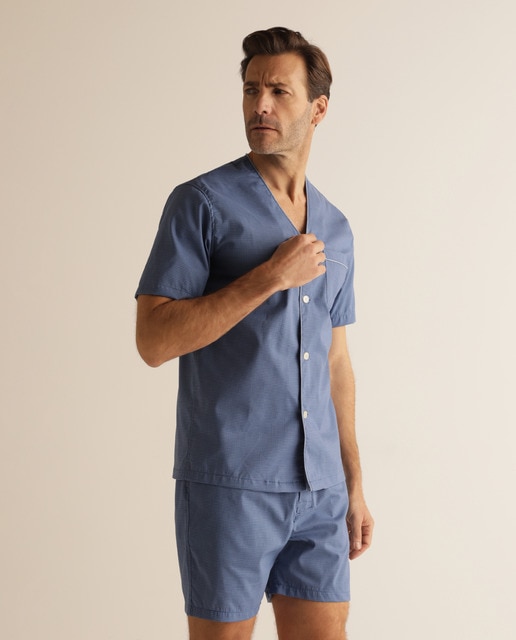 Pijama Non Iron curto de tecido azul de homem