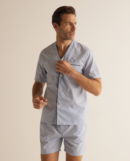 Pijama Non Iron curto de tecido azul de homem