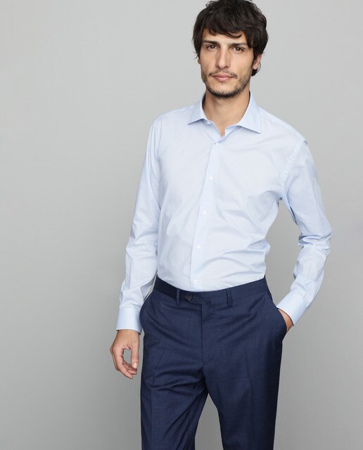 Camisa Fácil de Engomar dobby clássica estampada azul