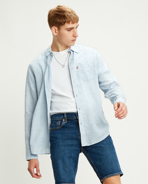 Camisa de ganga de homem regular lisa azul