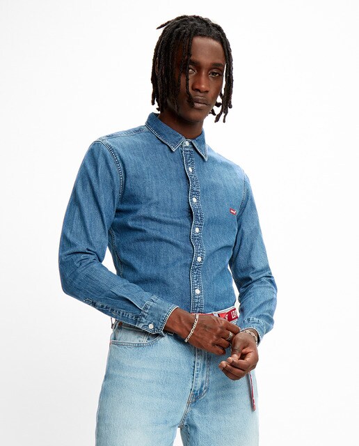 Camisa de ganga slim lisa azul de homem