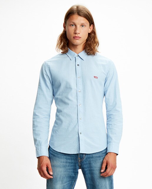 Camisa de ganga slim lisa azul-claro de homem