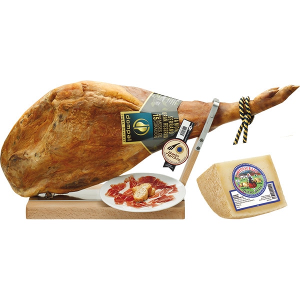 DOMPAL jamón serrano Reserva ETG + 12 meses de curación pieza 6,5 kg con regalo de una cuña de queso curado Camposagrado 700 g