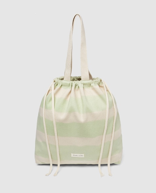 Shopping de playa Southern Cotton de algodón con print a rayas en verde y natural