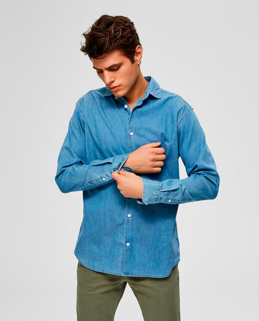 Camisa de ganga de homem regular lisa azul