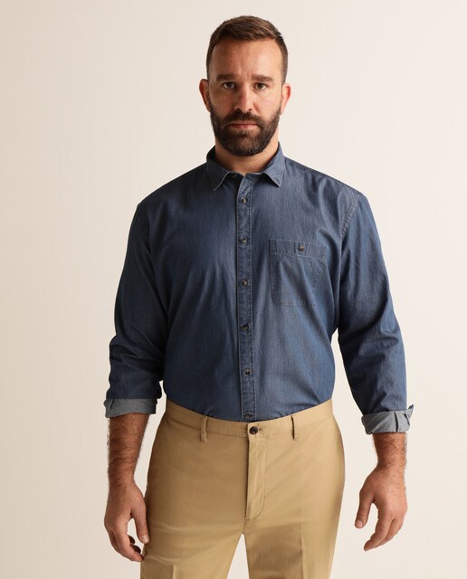 Camisa de ganga classic lisa azul de homem tamanhos grandes