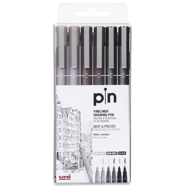 Estuche 6 Piezas Rotulador Calibrado Uni Pin Negro y Gris.