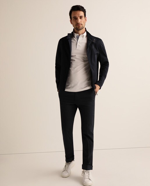 blue jacket with chinos