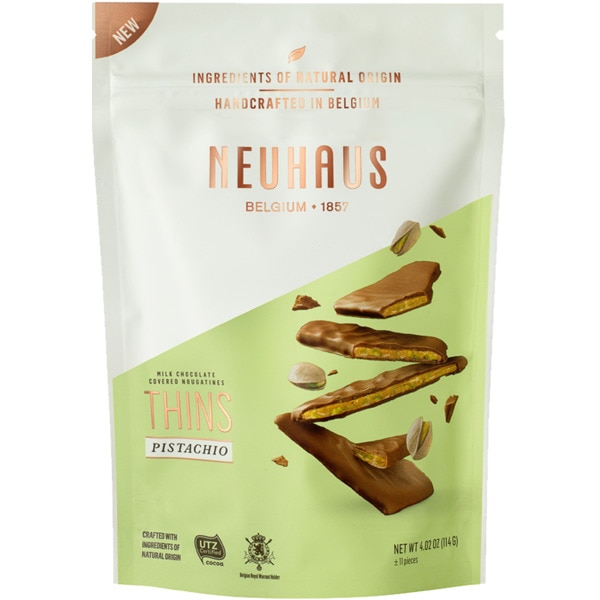 Chocolate de Leite Nougatine Thins com Pistacho embalagem 114 g