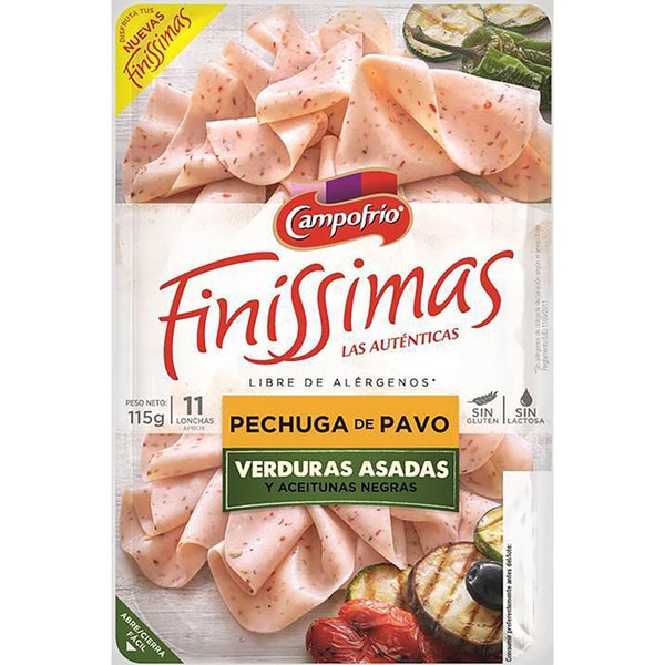 CAMPOFRIO Finíssimas pechuga de pavo con verduras asadas y aceitunas negras en lonchas envase 115 g sin gluten sin lactosa