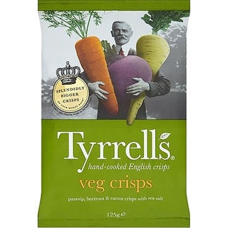 TYRRELL'S chips vegetables snack de remolacha, chirivía y zanahoria con sal bolsa 125 g