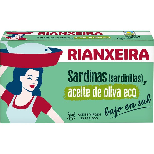 RIANXEIRA sardinillas en aceite de oliva ecológico bajo en sal lata 57 g neto escurrido