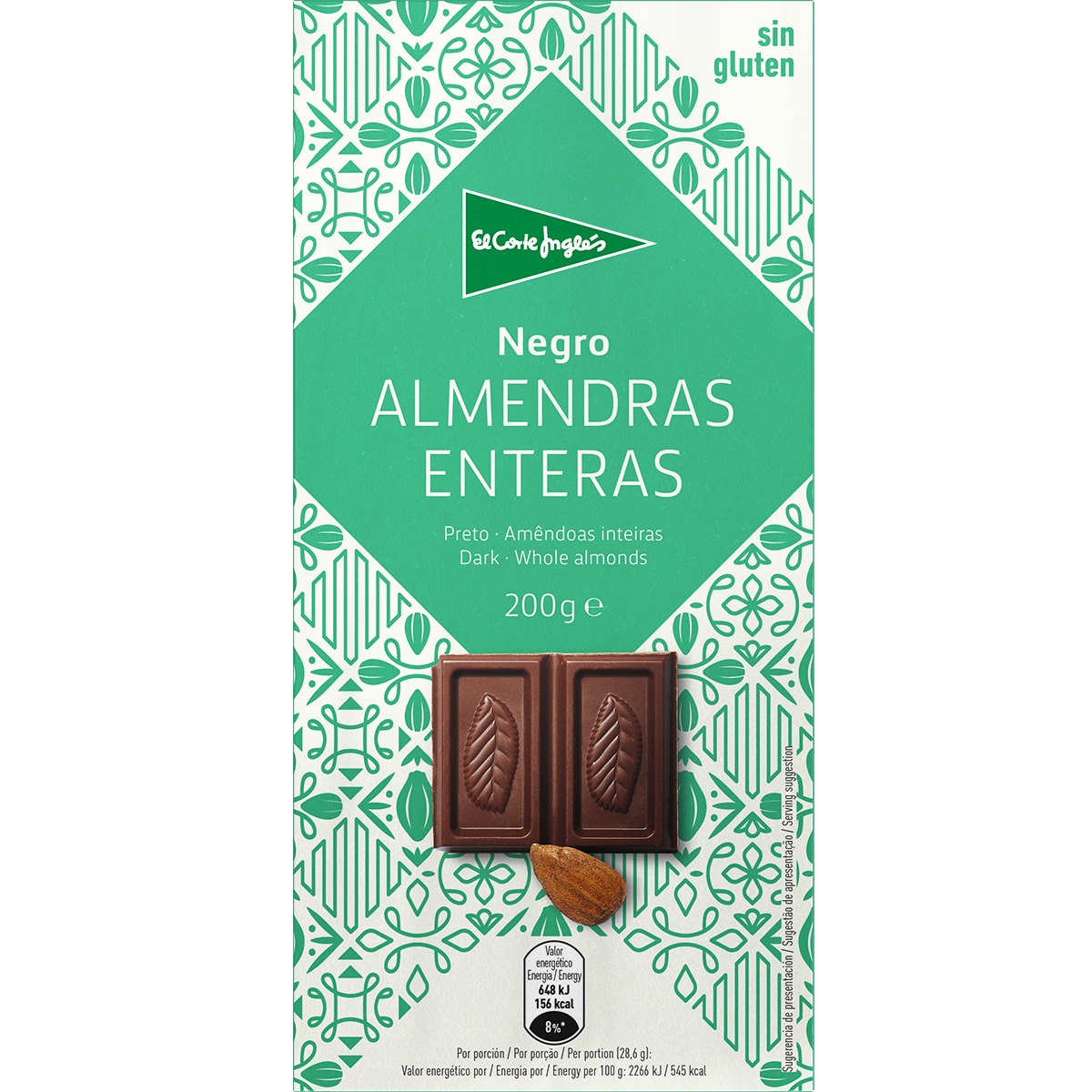 Chocolate negro con almendras enteras sin gluten tableta 200 g · EL