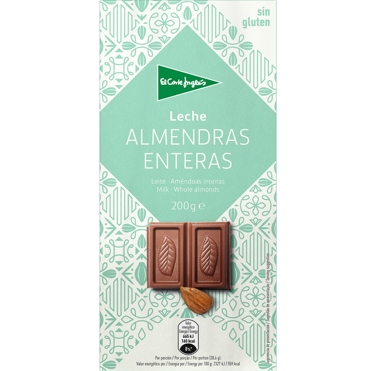 Chocolate con leche y almendras enteras sin gluten tableta 200 g · EL