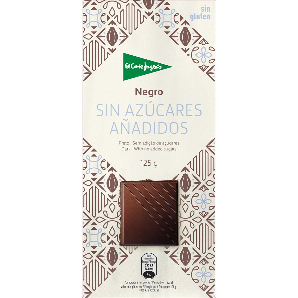 Chocolate negro sin gluten y sin azúcares añadidos tableta 125 g · EL