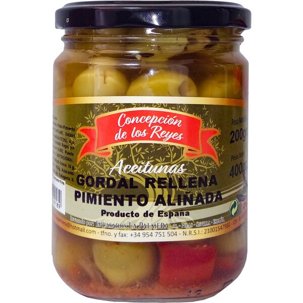 CONCEPCION DE LOS REYES aceitunas gordal aliñadas rellenas de pimiento frasco 220 g neto escurrido