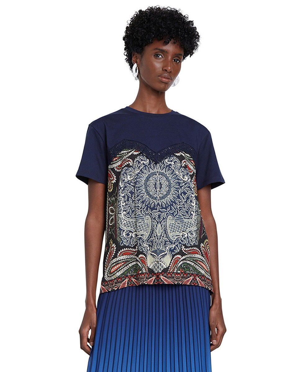 Women's short sleeve tribal boho print T-shirt with blonde lace, Blues.