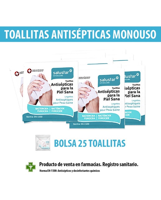 Paquete 25 toallitas desinfectantes monouso bactericidas con registro sanitario