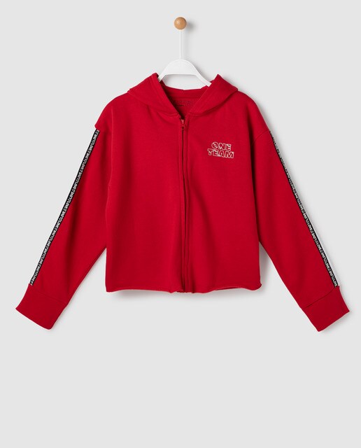 red zip up sweatshirt
