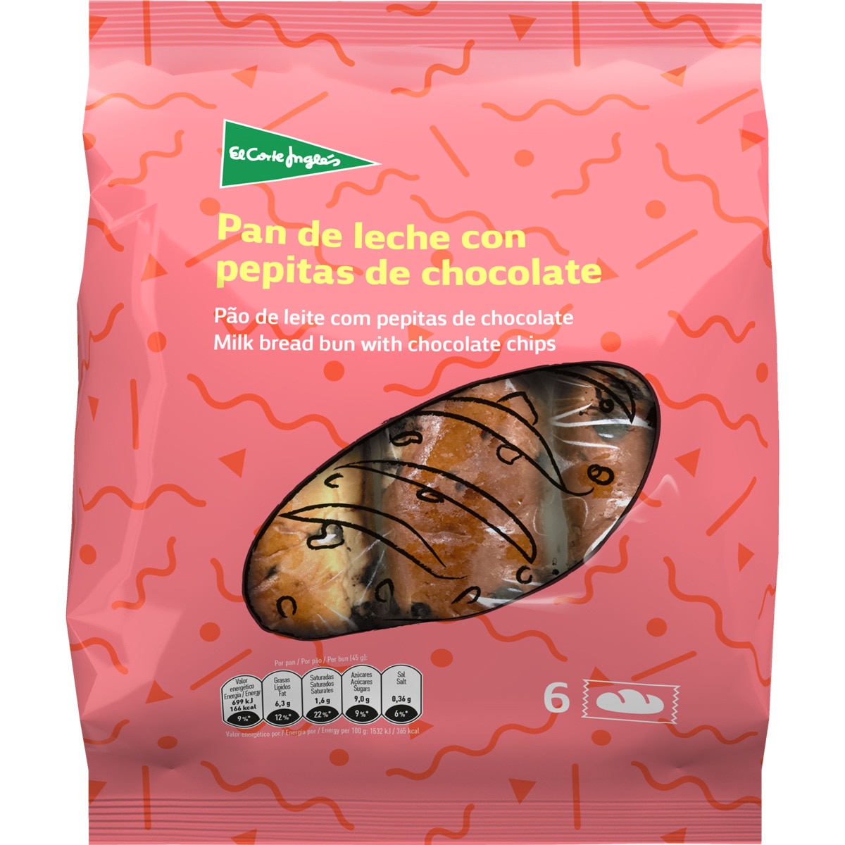pan de leche con pepitas de chocolate 6 unidades envasadas individualmente