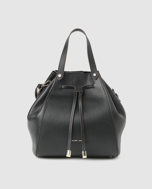 large black leather bucket bag