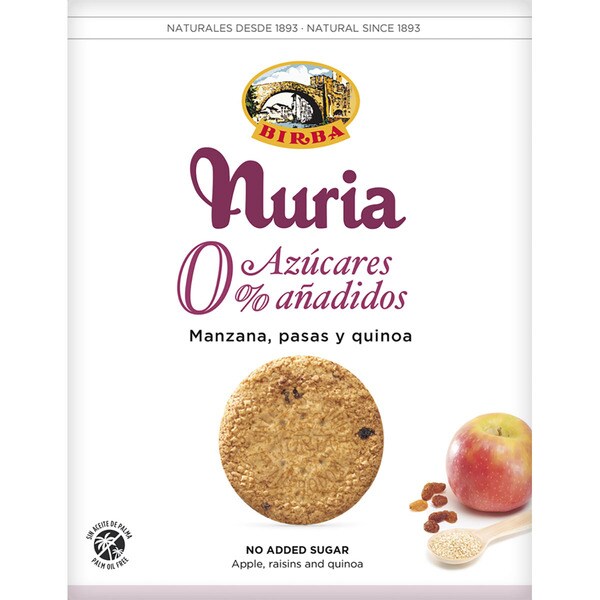 BIRBA Nuria galletas con manzana, pasas y quinoa 0% azúcares añadidos sin aceite de palma estuche 270 g