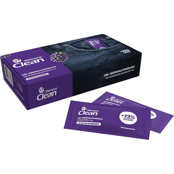 SIEMPRE CLEAN gel hidroalcohólico en monodosis higienizante 73% de alcohol olor a mora caja 100 unidades