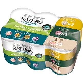 NATURO Feuchtfutter für erwachsene Hunde Grain&Gluten Free Pack mit Huhn 2 Dosen 390 g mit Ente 2 Dosen 390 g mit Pute 2 Dosen 390 g
