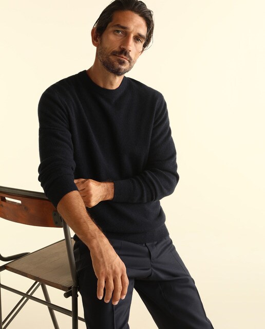 Jersey de lana 100% cashmere de hombre Emidio Tucci azul con el cuello redondo