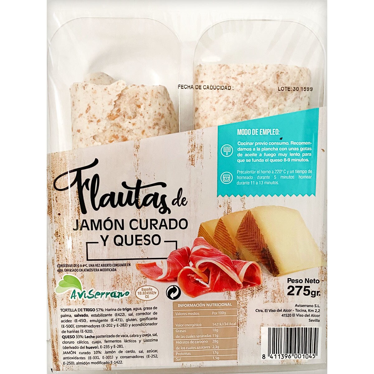 Comprar flautas de jamón curado y queso envase 275 g · AVISERRANO