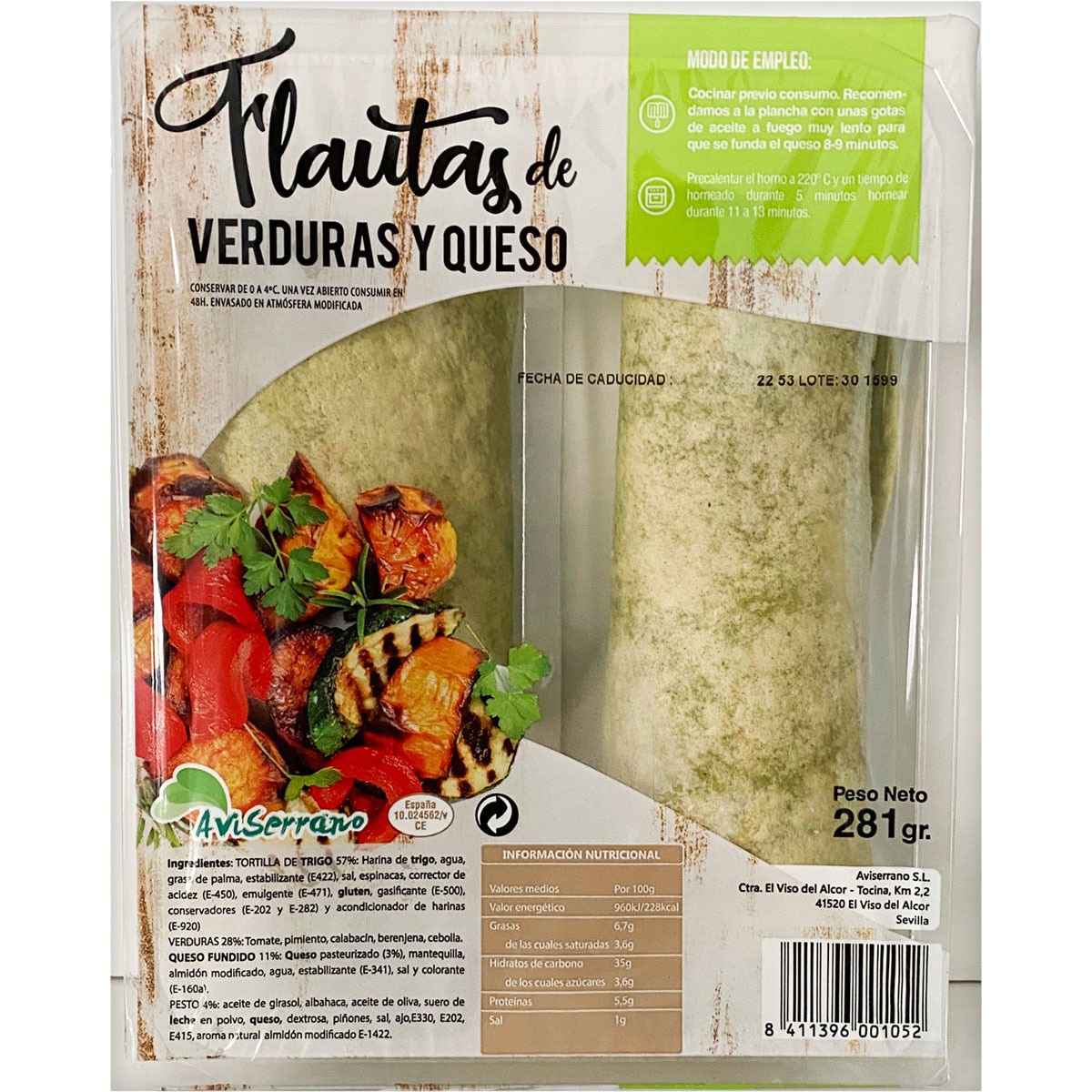 Comprar flautas de verduras y queso envase 281 g · AVISERRANO