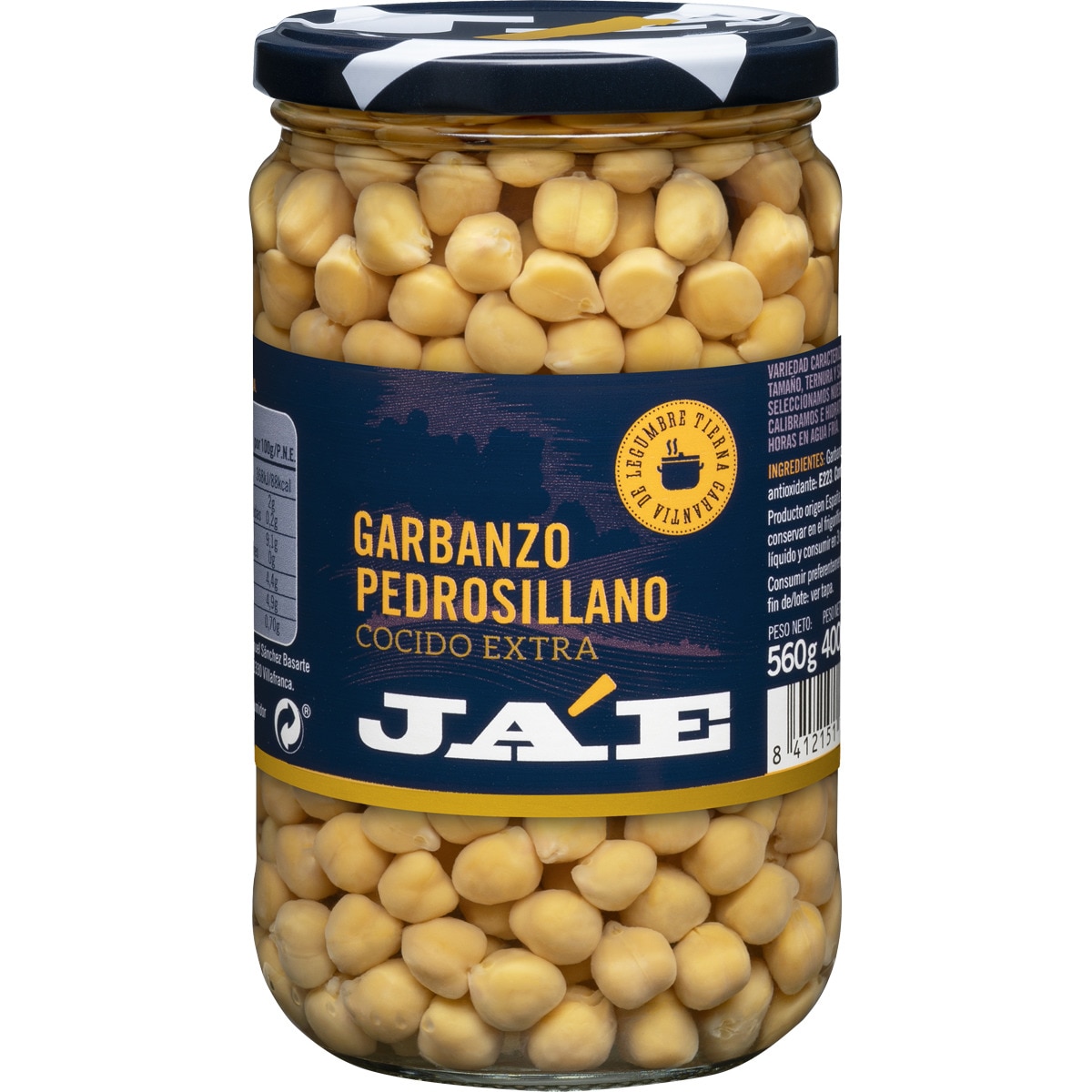 Garbanzo pedrosillano extra cocido frasco 400 g neto escurrido · JA'E