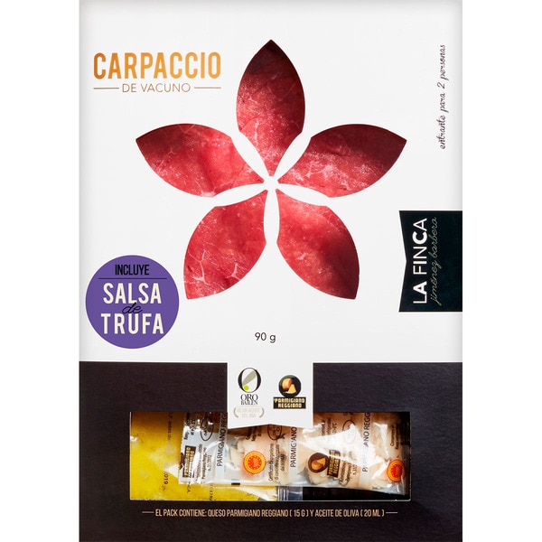 LA FINCA carpaccio de vacuno marinado con salsa de trufa sin gluten bandeja 90 g + queso parmigiano reggiano 15 g + Aceite de Oliva Virgen Extra 20 ml