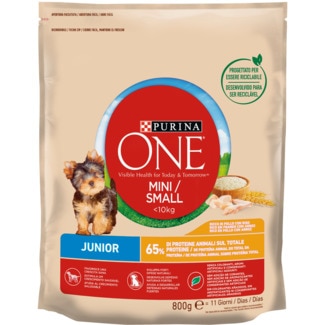 Purina One Mini Ração para Cão Junior Menos 10 Kg Rico em Frango e Arroz embalagem 800 g