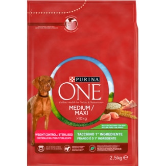 Purina One Ração para Cão Médio Controlo de Peso +10 Kg de Peru com Arroz embalagem 2,5 kg