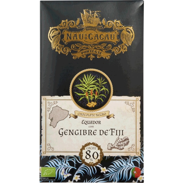 Chocolate Preto Equador Gengibre de Fiji 80% Cacau Biológico embalagem 80 g